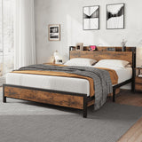 Garvee Full Size Bed Frame with Charging Station, 2 USB Ports & 2 AC Outlets, Heavy Duty Metal Bed Frame with Wooden Headboard and Footboard, No Box Spring Needed, Easy to Assemble - Vintage