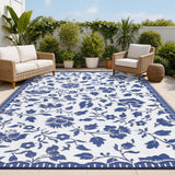 Garvee Large Floral Outdoor Rug 9x12 Navy & White Waterproof Vintage Reversible Patio Carpet for Backyard Deck Balcony Beach Camping - Navy Blue & White