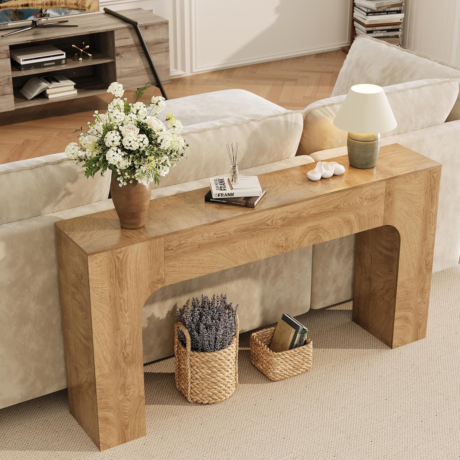 Garvee 63" Farmhouse Console Table Slim Wood Sofa Side Table Narrow Rustic Foyer Furniture for Living Rooms Hallways Apartments, Deep Oak