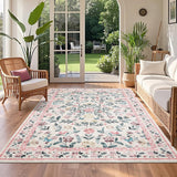 Garvee Washable Rug 5 x 7, Low Pile Farmhouse Floral Carpet, Non-Slip Soft Vintage Throw Rug, Non-Shedding Indoor Foldable Printed Rugs for Bedroom Dining Room Kitchen, Pink - Pink