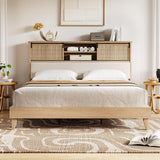 Garvee Rattan Queen Bed Frame with Headboard & Sliding Door Shelf, Bohemian Rattan Bed Frames Queen Size with Storage Shelves, Solid Wood Foundation with Silent Slats, No Box Spring Needed, Natural - Natural
