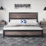 Garvee King Size Bed Frame with Charging Station, Rivet Design, Industrial Style, Strong Steel Slats, Noise Free, Easy Assembly, Gray - Gray Wood Grain