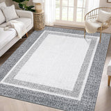Garvee Bordered Dark Grey 9x12 Machine Washable Area Rug – Modern Soft, Non-Slip, Low-Pile Lightweight Carpet for Living Room or Bedroom - Dark Gray