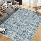 Garvee Washed Back Low Pile Area Rug for Living Room 5x7ft Blue, Washable Non Slip Carpet for Bedroom Kitchen Hallway - Blue