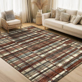 Garvee 9x12 Washable Area Rugs for Living Room Bedroom, Distressed Modern Plaid, Low Pile, Dark Red - Red Multi