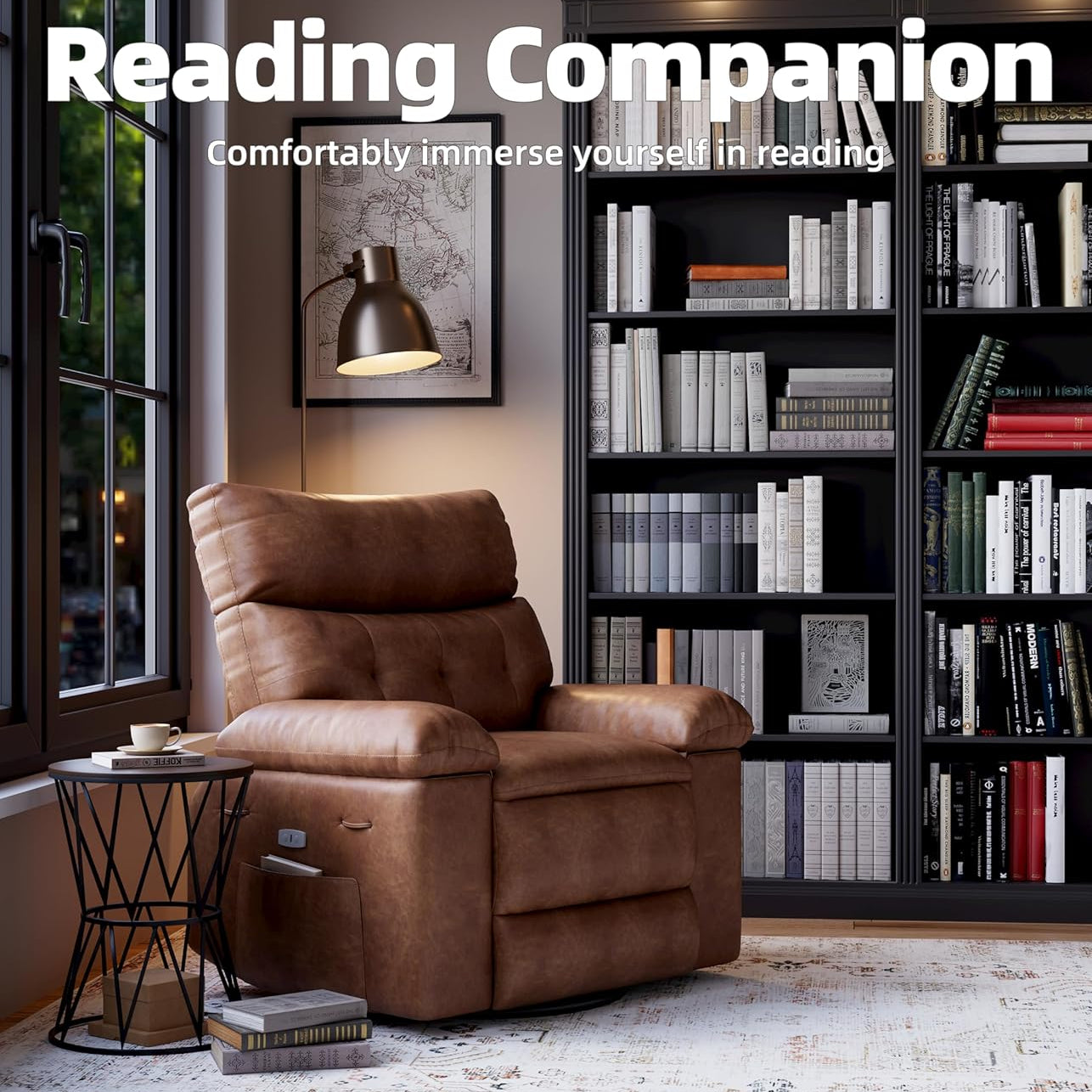 Garvee Extra Wide Comfort Recliner Chair for Adults - Oversized Manual PU Leather Sofa - Overstuffed Arms & Back, Cup Holder, Retractable Armrests, Side Pocket - Living Room, Bedroom, Nursery - Brown