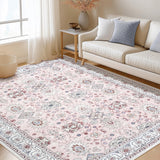 Garvee 4x6 Area Rug Washable Vintage Printed Soft Non Slip Low Pile Carpet for Living Room Kitchen Bedroom Pink - Pink