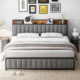 Garvee Full Size Bed Frame with Shelf Headboard and Charging Station, Industrial Upholstered Platform Bed with Outlets, Heavy Duty Metal Slats Support, No Box Spring Needed, Easy Assembly, Grey - Gray