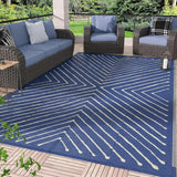 Garvee 8' x 10' Waterproof Reversible Outdoor Rug, Geometric Plastic Straw Patio Mat for RV, Deck, Backyard, Camping & Picnic, Navy Blue - Striped|Navy Blue