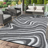 Garvee 10' x 14' Gray Outdoor Rug, Waterproof Reversible Plastic Straw Patio Mat, Abstract Wave Design for Patio, RV, Deck & Camping - Gray