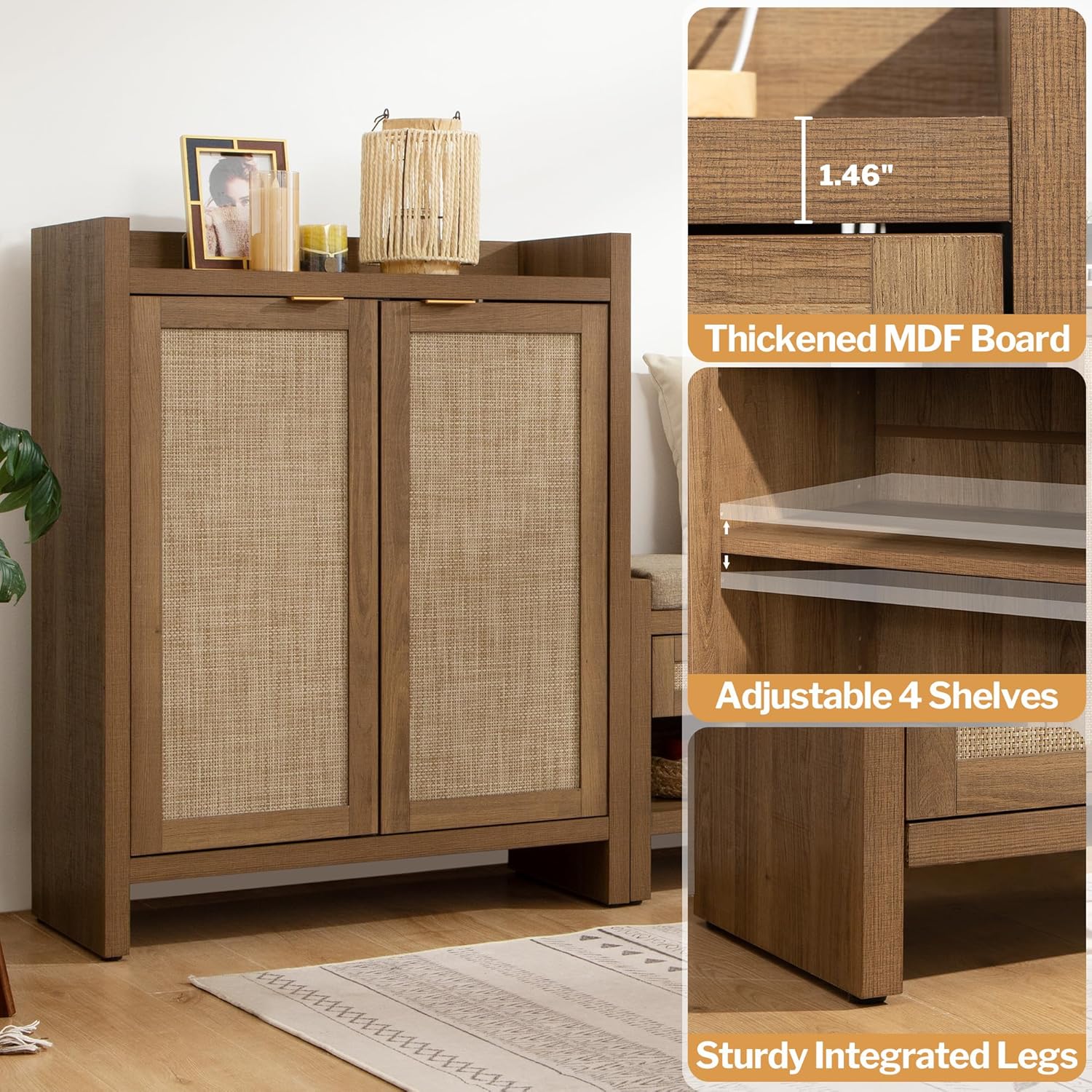 Garvee Boho 32" Rattan Shoe Storage Cabinet with 2 Doors and Adjustable Shelves for Entryway, Hallway, Living Room and Bedroom, Dark Oak