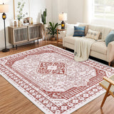 Garvee Washable Area Rugs for Living Room, 8x10 Stain Resistant No Slip Large Area Rug, Ultra-Thin Vintage Moroccan Soft Carpet for Bedroom Dining Room, Rusty Red - Red