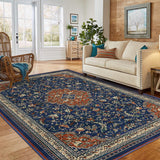 Garvee Monaco Collection Area Rug - 4' x 6', Navy Blue & Orange, Boho Chic Medallion Distressed Design, Non-Shedding & Easy Care, Ideal for High Traffic Areas in Living Room, Bedroom - Blue