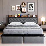 Garvee Full Bed Frame with RGB LED Lights Headboard & 2 Storage Drawers, Storage Headboard, Upholstered Platform Bed with USB Ports & Outlets, Noise Free, No Box Spring Needed, Grey - Gray