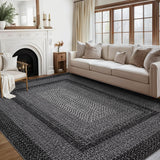 Garvee Bordered Black 9x12 Area Rug Large Machine Washable Rug for Living Room Print Braided Floor Cover Stain Non-Slip Farmhouse Solid Printed Textured Carpet for Home Decor - Black