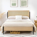 Garvee Boho Queen Size Bed Frame with Natural Rattan Headboard & Solid Wood Footboard - Under Bed Storage Space, Quiet Noise-Free Design, No Box Spring Needed, Oak - Oak