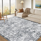 Garvee Vintage Floral Area Rug 9x12 Non Slip Non Shedding Floor Carpet Low Pile Thin Rug, Large Washable Thin Rug, Distressed Gray Rug, Indoor Oriental Rug for Living Room, Bedroom, Office - Gray