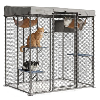 Garvee Large Outdoor Cat House Catio, Walk-In Metal Enclosure with 4 Platforms, Hammock, Weatherproof Canopy, Resting Condo, Spacious Shelter for Multiple Cats, Patio/Yard Use