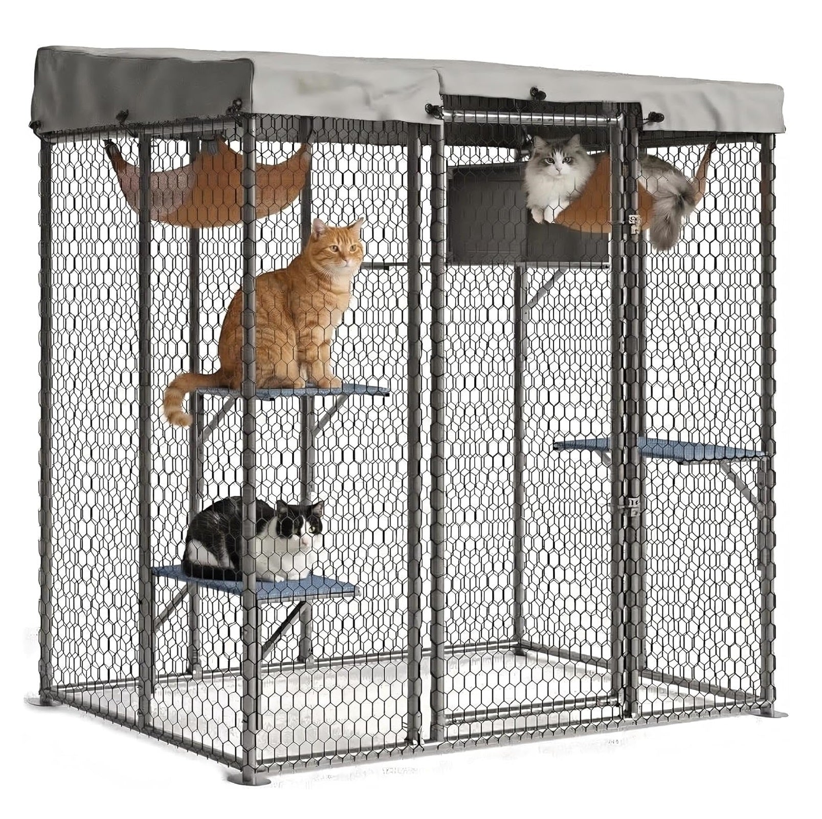 Garvee Large Outdoor Cat House Catio, Walk-In Metal Enclosure with 4 Platforms, Hammock, Weatherproof Canopy, Resting Condo, Spacious Shelter for Multiple Cats, Patio/Yard Use
