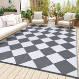 Garvee Outdoor Grey & White 9x18 Rug Waterproof Reversible Plastic Straw Rug with 4 Stakes & Portable Bag Boho Patio Rugs Carpet RV Mat Outside for Patio Camp Balcony Deck Picnic - Gray & White