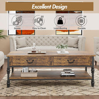 Garvee Vintage Farmhouse Coffee Table with Drawers, 2 Tier Small Wood Coffee Table for Living Room, Rectangular MDF Storage Table with Shelf, Rustic Modern Center Table