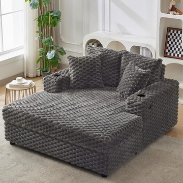 Garvee Oversized Chaise Lounge Chair Indoor, 60 Inch Upholstered Sofa Bed with Throw Pillows and Armrests, Comfy Scalloped Velvet Sleeper Couch for Living Room, Bedroom, Office, Gray