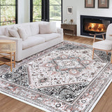 Garvee Washable Area Rug 8x10 Bohemian Rug Soft Low-Pile Washable Rug with Non-Slip Backing, Grey Plant Floral Pattern Vintage Rug for Living Room Bedroom Dining Home Office,8x10 - Pink