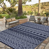 Garvee Outdoor Navy Blue & White 9x12 Boho Rug, Waterproof UV/Stain Resistant Recyclable Plastic Straw Carpet for Camping, Backyard & Deck - Navy Blue & White