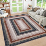 Garvee Bordered Blue Multi 8x10 Braided Washable Area Rug Large Rug for Living Room Modern Braid Bedroom Rug Non Slip Stain Resistant Dining Room Throw Carpet Soft Farmhouse Accent Carpet for Home Decor - Blue Multi