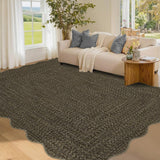 Garvee Imitation Braided Collection-Print Scalloped Area Rug 5x7 Washable Non-Slip Rubber Backing Farmhouse Floor Cover, Ultra-Thin Foldable Carpet for Bedroom Living Room - Black & Brown