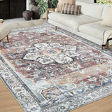 Garvee Area Rug Vintage Rug 4x6 Oriental Floral Print Floor Mat for Living Room Bedroom Machine Washable Low Pile Carpet Non-Slip Foldable Floor Carpet for Nursery Dorm Home Office, Rust - Brown & Khaki
