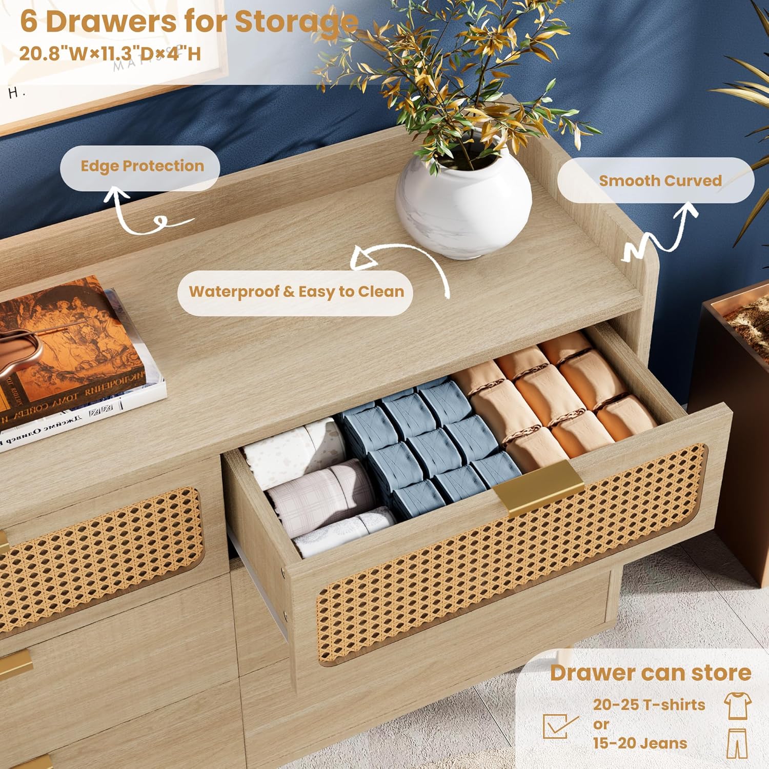 Garvee 6 Drawer Rattan Dresser, Narrow Wicker Chest of Drawer with Railed Edge, Metal Legs, Gold Handles, Farmhouse Wooden Storage Dresser for Bedroom, Nursery, Light Oak