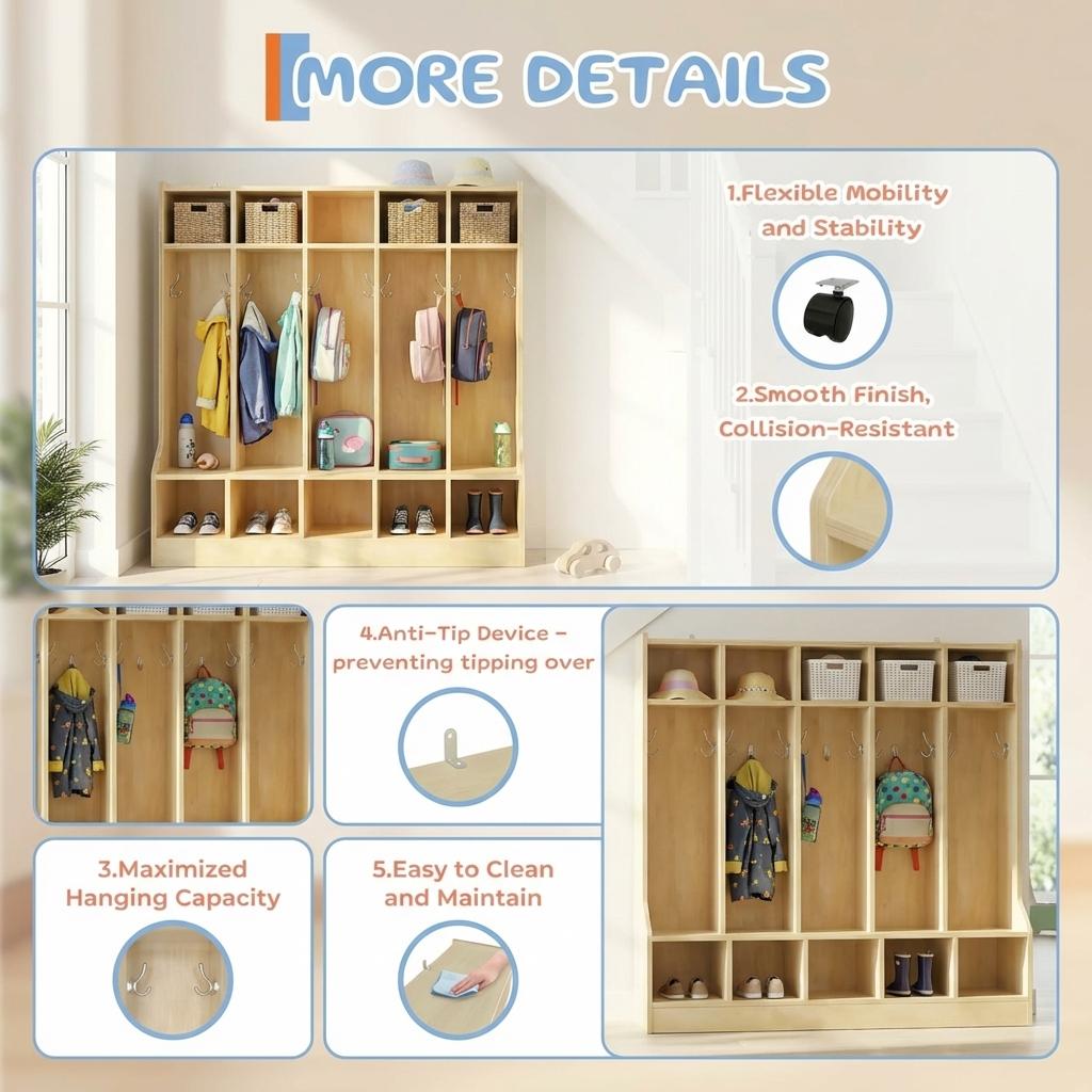 Garvee 55" Kids Coat Locker with Bench, 10 Cubbies, Daycare Cubby Storage Organizer for Nursery, Home, School, Smooth Wood Surface, Multiple Sizes, Natural Wood Color
