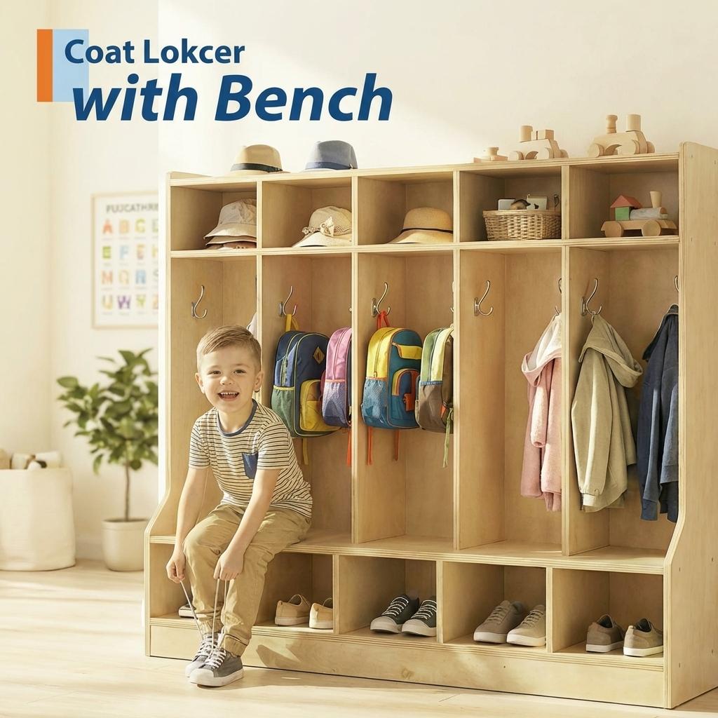 Garvee 55" Kids Coat Locker with Bench, 10 Cubbies, Daycare Cubby Storage Organizer for Nursery, Home, School, Smooth Wood Surface, Multiple Sizes, Natural Wood Color