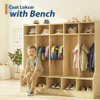 Garvee 55" Kids Coat Locker with Bench, 10 Cubbies, Daycare Cubby Storage Organizer for Nursery, Home, School, Smooth Wood Surface, Multiple Sizes, Natural Wood Color