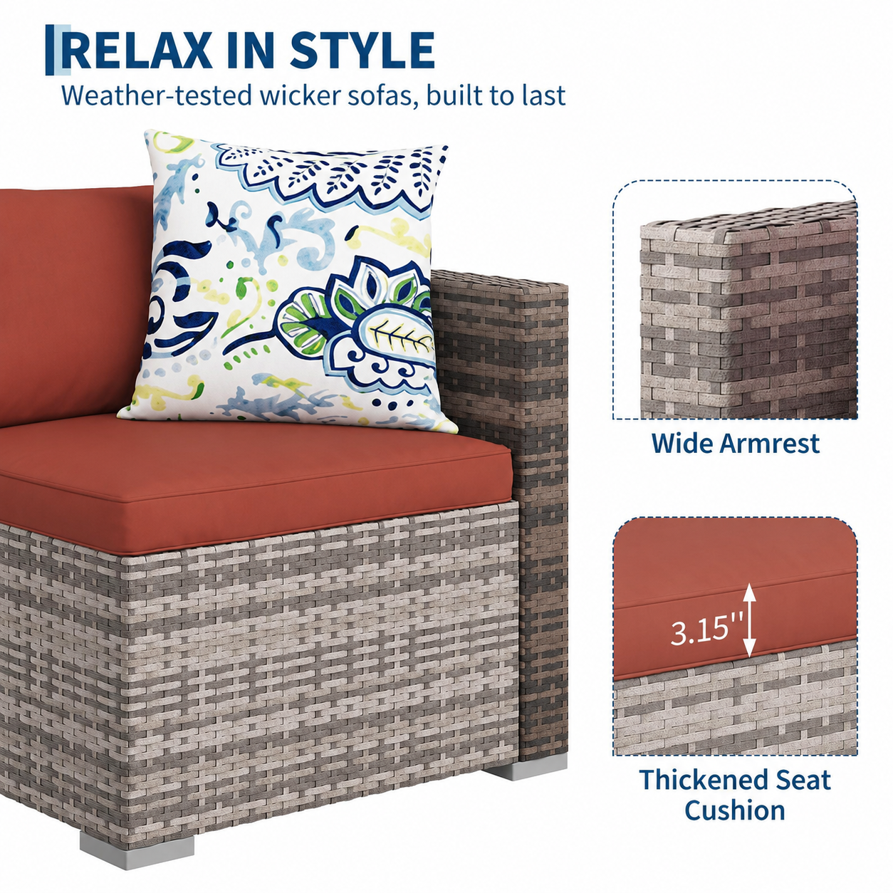 Garvee 5-Piece All-Weather PE Wicker Modular Patio Sectional Sofa Set with Ottoman, Glass Table & Red Cushions
