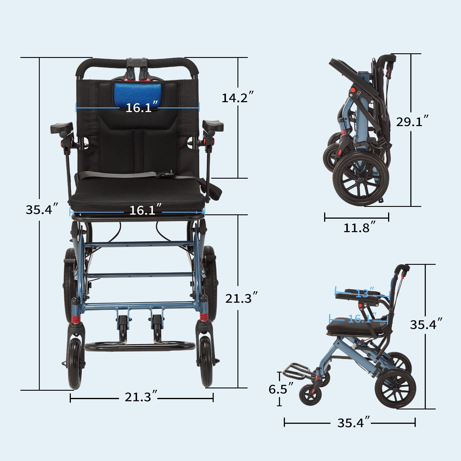 Garvee Portable Folding Wheelchair, Travel Wheelchair with handbrake, Ultra-Light Wheelchair for The Elderly and Children(16in Seat Width 8in PVC Rear Whee)