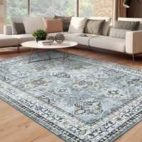 Garvee Boho Blue 6x9 Washable Rug, Oriental Vintage Non Slip Soft Faux Wool Stain Resistant Carpet for Living Room, Bedroom, Office