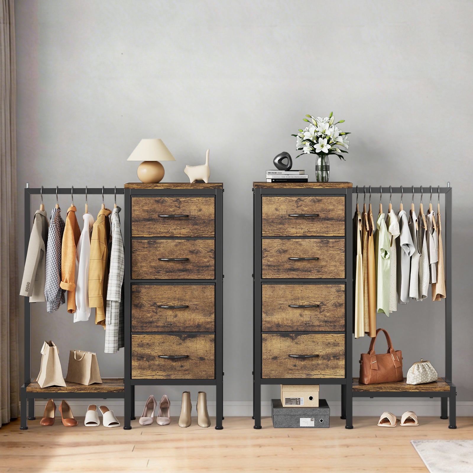Garvee Multi-Functional 4-Drawer Fabric Dresser Organizer with Hanging Rail & Open Shelf – Metal Frame Wardrobe Storage for Bedroom, Living Room, Entryway – Classic Brown – 4 Compartments Vintage