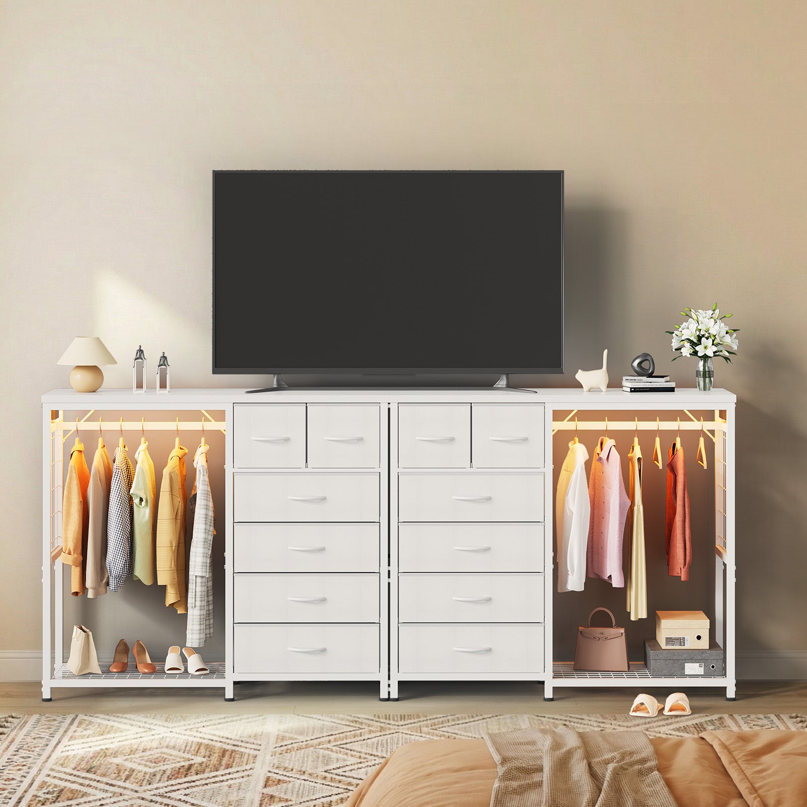 Garvee 6-Drawer Fabric Dresser Organizer with Hanging Rail, Open Shelf, Wooden Top & LED Light – Metal Frame Closet Storage for Bedroom, Entryway – White – 6 Compartments