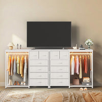 Garvee 6-Drawer Fabric Dresser Organizer with Hanging Rail, Open Shelf, Wooden Top & LED Light – Metal Frame Closet Storage for Bedroom, Entryway – White – 6 Compartments