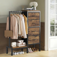 Garvee Multi-Functional 4-Drawer Fabric Dresser Organizer with Hanging Rail & Open Shelf – Metal Frame Wardrobe Storage for Bedroom, Living Room, Entryway – Classic Brown – 4 Compartments Vintage