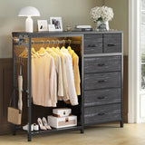 Garvee 6-Drawer Fabric Dresser Organizer with Hanging Rail, Open Shelf, Wooden Top, LED Lights & Charging Station – Metal Frame Closet Storage for Bedroom, Living Room – Grey – 6 Compartments - Drak Gray - 6 Drawers