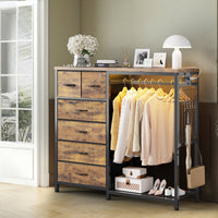 Garvee Multi-Functional 6-Drawer Dresser with Hanging Rail & Open Shelves – Fabric Storage Unit & Metal Frame Closet Organizer for Bedroom – Rustic Brown – 6 Compartments