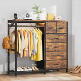 Garvee Multi-Functional 6-Drawer Dresser with Hanging Rail & Open Shelves – Fabric Storage Unit & Metal Frame Closet Organizer for Bedroom – Rustic Brown – 6 Compartments - Brown - 6 Drawers