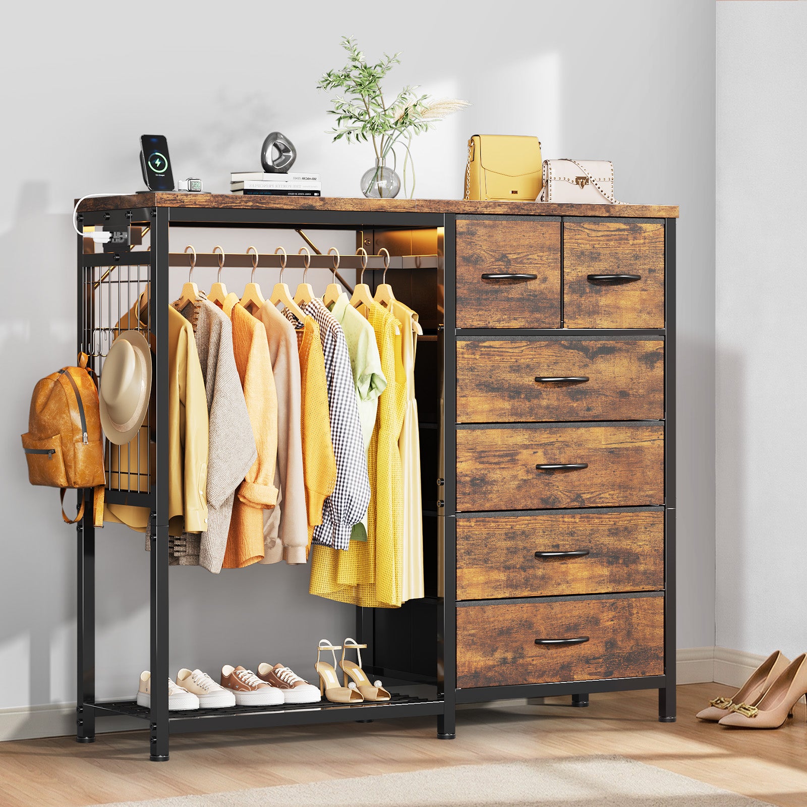 Garvee Multi-Functional 6-Drawer Dresser with Hanging Rail & Open Shelves – Fabric Storage Unit & Metal Frame Closet Organizer for Bedroom – Rustic Brown – 6 Compartments
