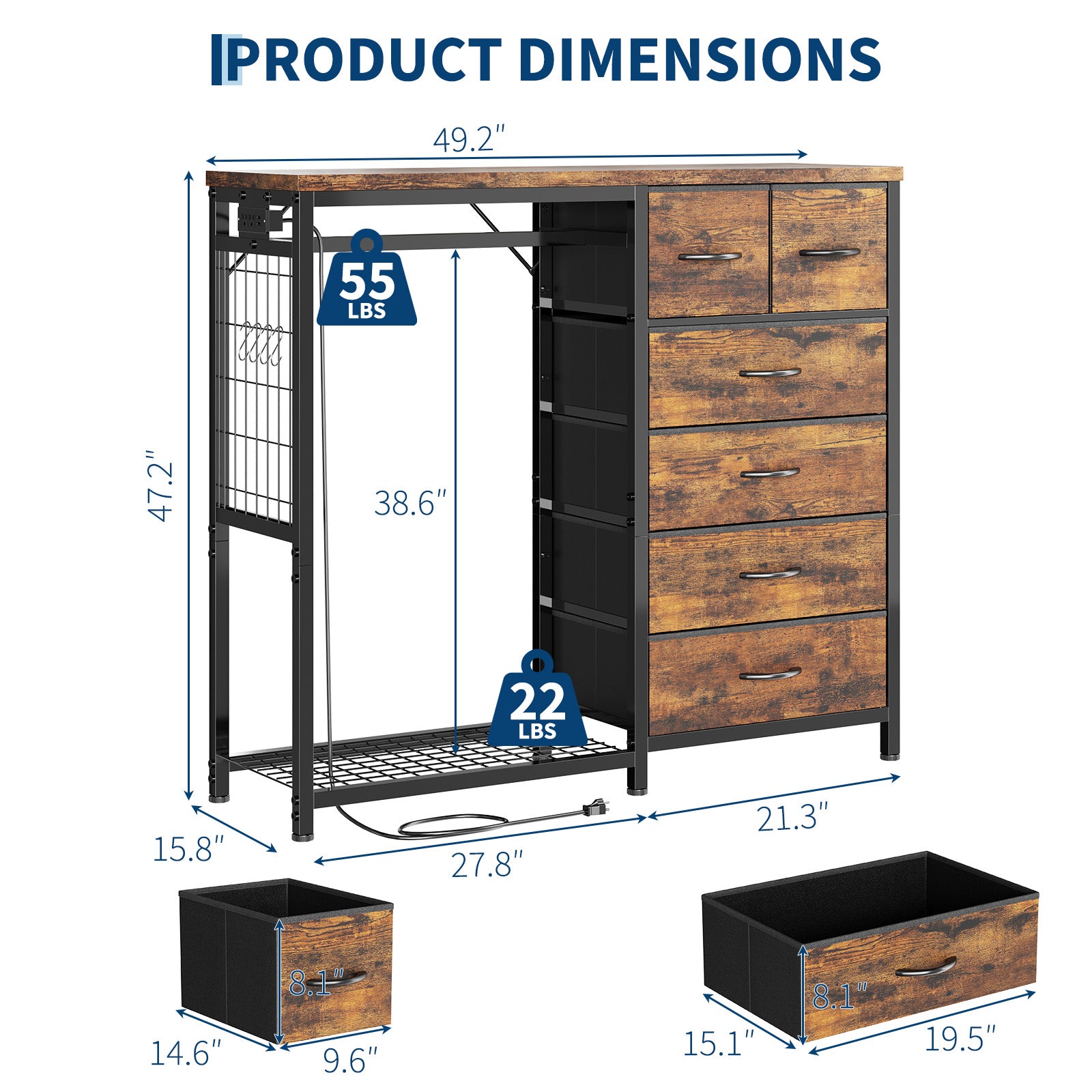 Garvee Multi-Functional 6-Drawer Dresser with Hanging Rail & Open Shelves – Fabric Storage Unit & Metal Frame Closet Organizer for Bedroom – Rustic Brown – 6 Compartments