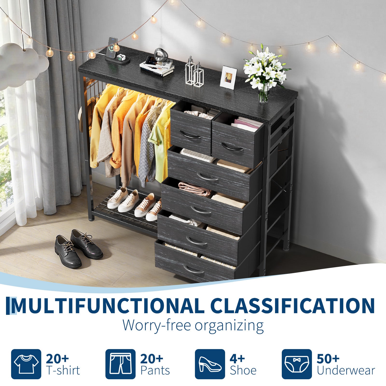 Garvee 6-Drawer Fabric Dresser Organizer with Hanging Rail, Open Shelf, Wooden Top, LED Lights & Charging Station – Metal Frame Closet Storage for Bedroom, Living Room – Grey – 6 Compartments