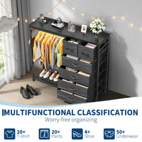 Garvee 6-Drawer Fabric Dresser Organizer with Hanging Rail, Open Shelf, Wooden Top, LED Lights & Charging Station – Metal Frame Closet Storage for Bedroom, Living Room – Grey – 6 Compartments