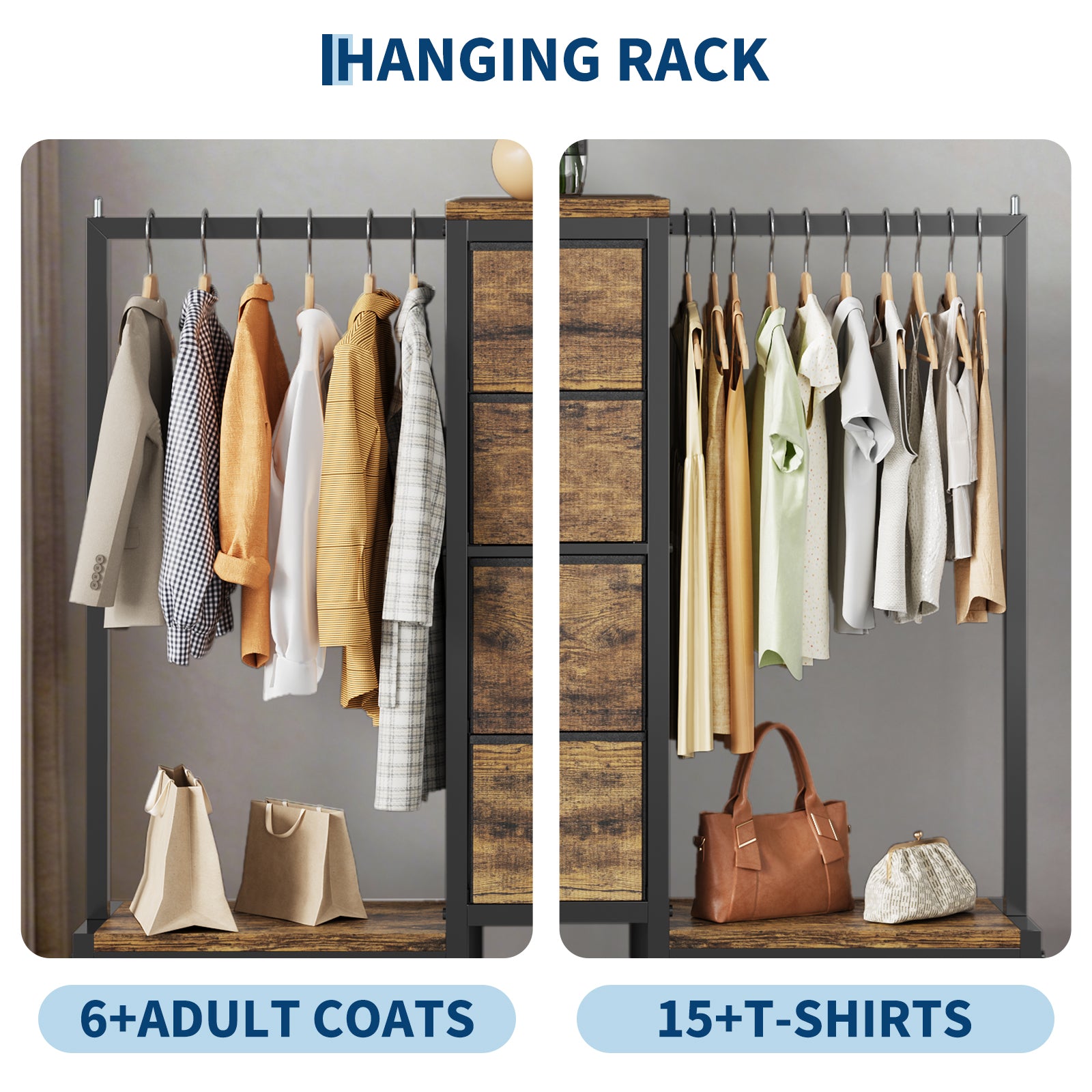 Garvee Multi-Functional 4-Drawer Fabric Dresser Organizer with Hanging Rail & Open Shelf – Metal Frame Wardrobe Storage for Bedroom, Living Room, Entryway – Classic Brown – 4 Compartments Vintage